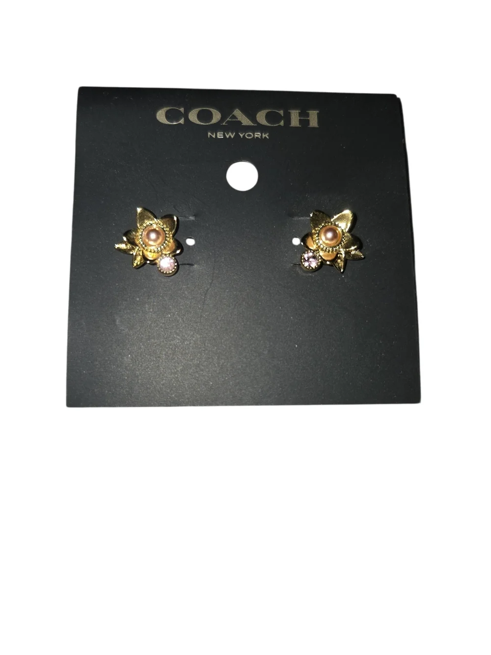 NWT Coach Gold Tone Wildflower Stud Earrings Pink Pearl Pink Crystal Gem - Picture 4 of 5